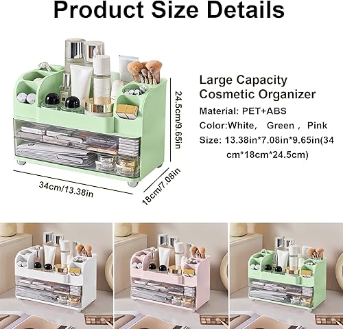 Miniatura 7 de DASITON Organizador de maquillaje de gran capacidad para tocador con 2 cajones, organizadores de cuidado de la piel con soporte para brochas de