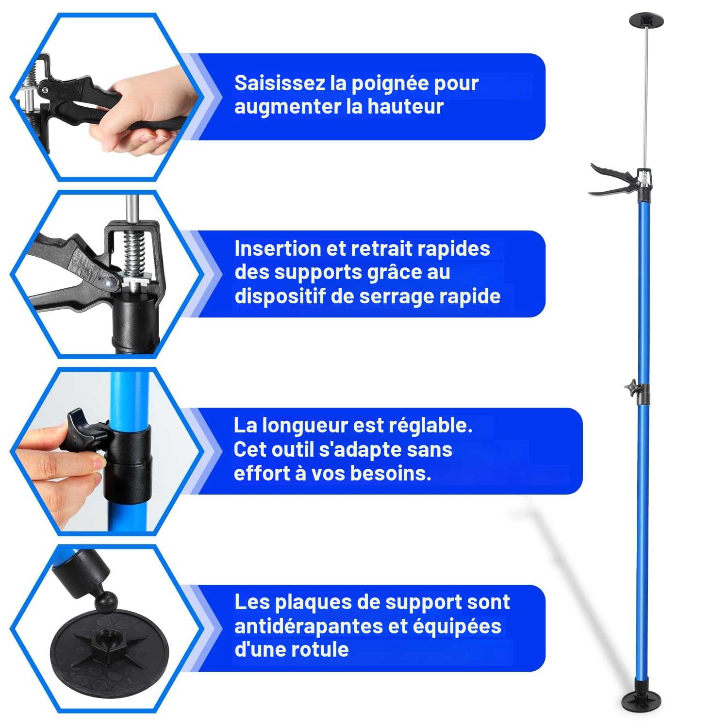 Lot de 2 étais de plafond - Étai de montage jusqu'à 50 kg de capacité de charge - Étais télescopiques jusqu'à 45° - Étai de montage 115-290 cm - Étai à une main pour murs, plafonds, étais
