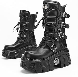[KUTAO] ゴシック パンク 厚底ミッドカーフ レースアップブーツ レディース｜金属バックル＆タンクソール｜内側ジッパーで着脱簡単｜ストリート/ライブ/フェス/コスプレにも