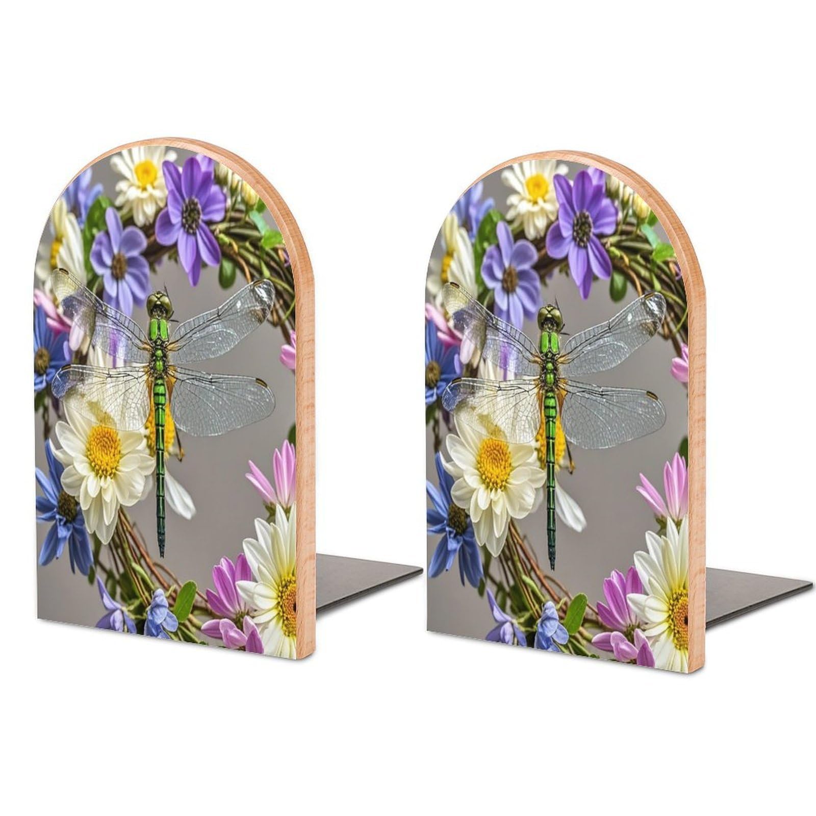 Image of Dragonfly in Wreath Bookend for Shelves Unique Book End Sturdy Books Holder Heavy Duty Wooden Bookends Support Non-Slip Book Organizers Decorative Modern Bookend Holder for Home