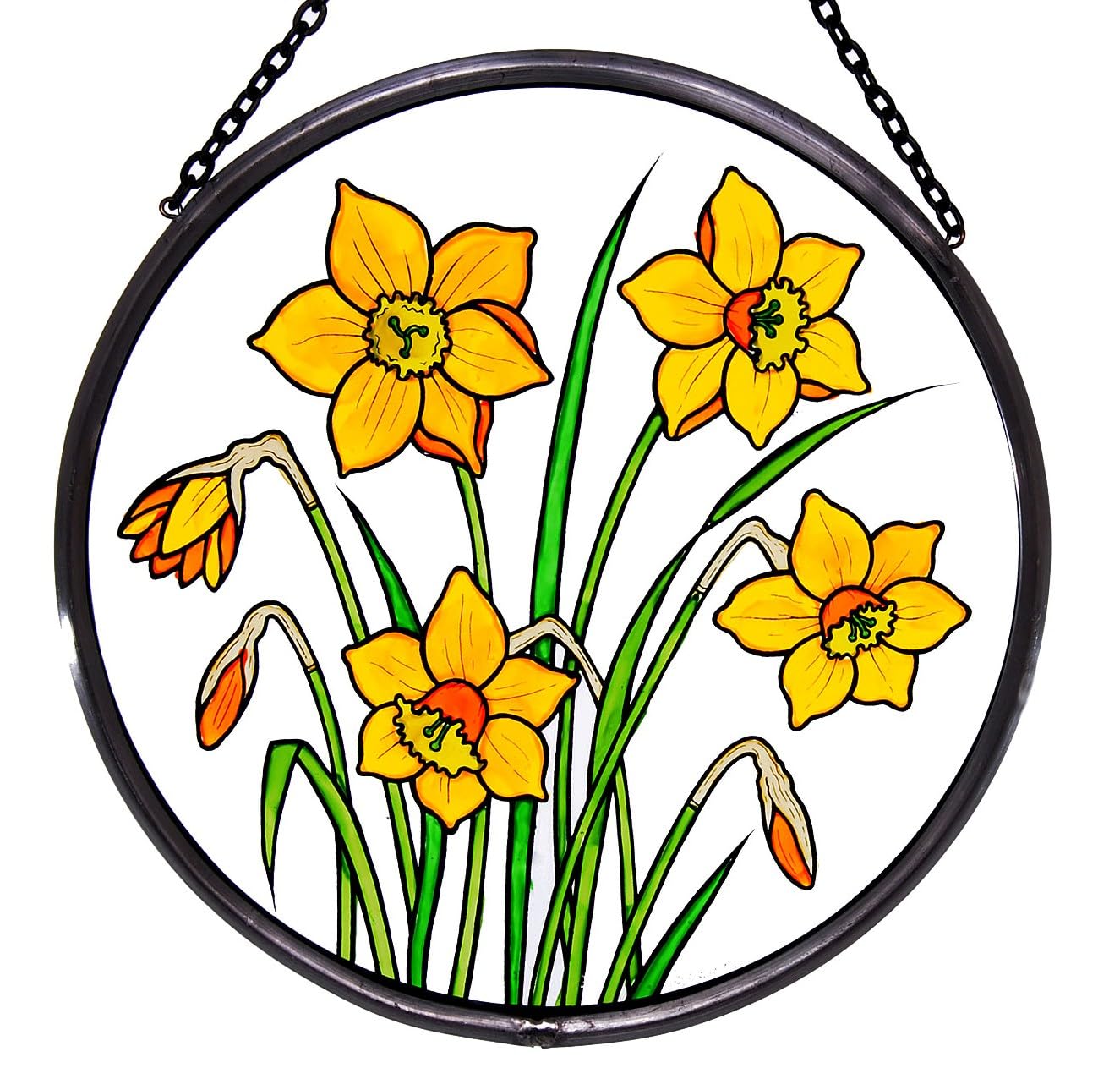 Winged Heart Decorative Hand Printed Stained Glass Window Sun Catcher/Roundel In A Daffodils Design.