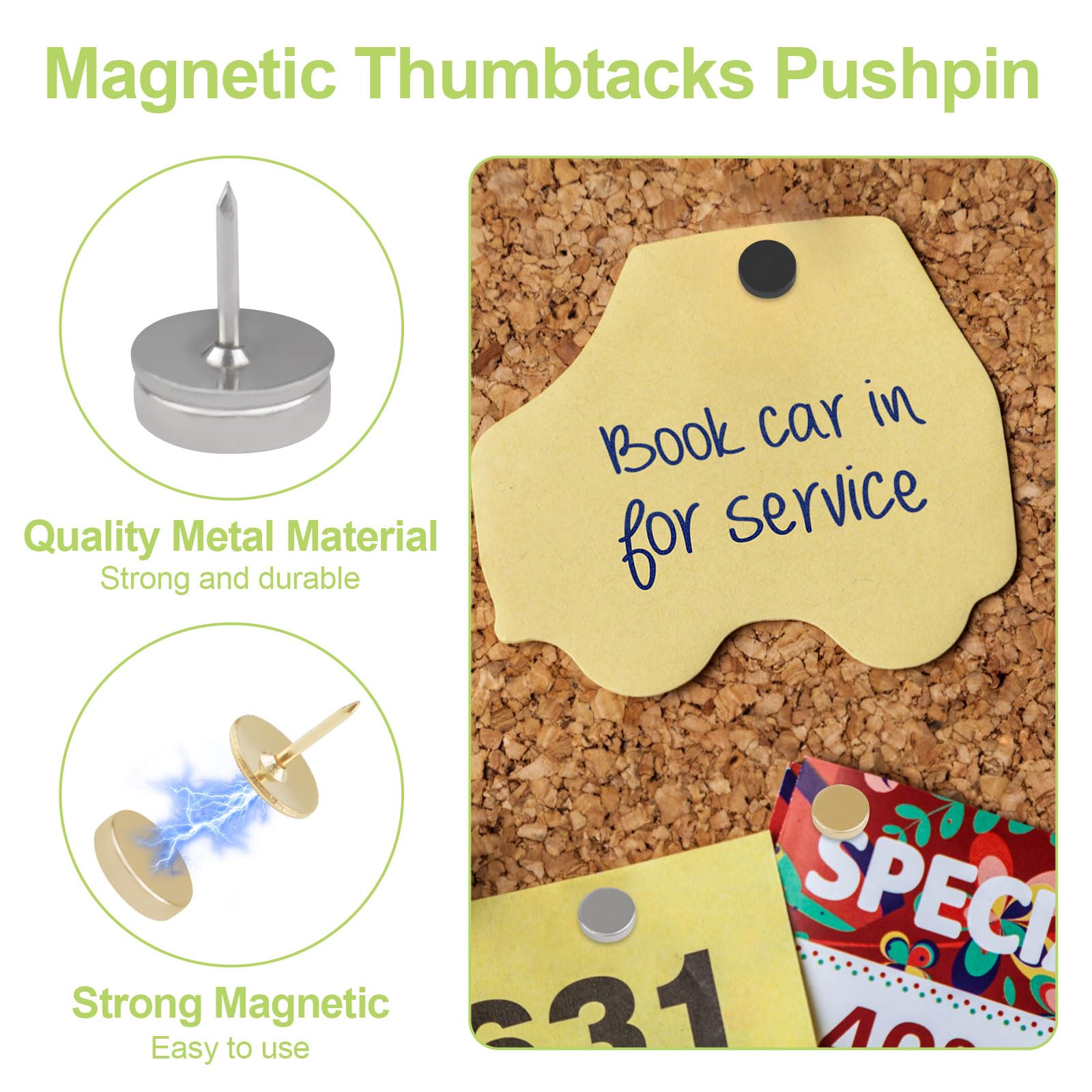 UFURMATE Magnetic Push Pins, 60Pcs Mix Color Pushpins Poster and Photo Hangers Magnetic Thumbtacks for Cork Board Metal Pushpin to Dispay Photo (Black,Gold,Silver) - Image 3