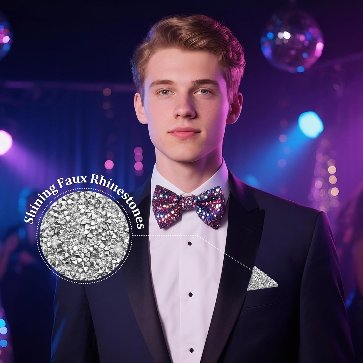 LJBFNN Rhinestone Pocket Squares for Men Prefolded, Crystal Sequin Pre Folded Handkerchiefs on Card Party Prom Wedding Daily