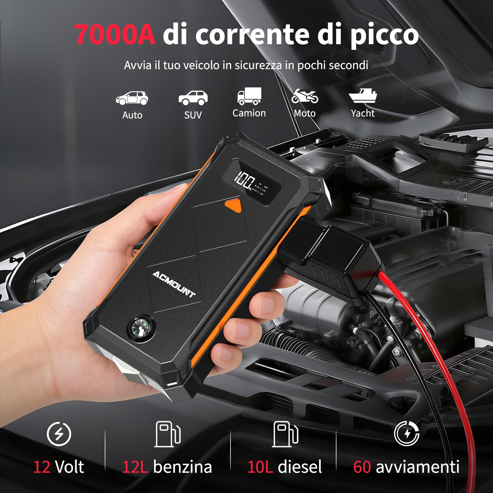 Acmount Avviatore Batteria Auto, 7000A Booster Avviatore Auto per(12L Gas/10L Diesel), Starter Batteria Portatile Jump Starter con LED/LCD Booster Avviamento