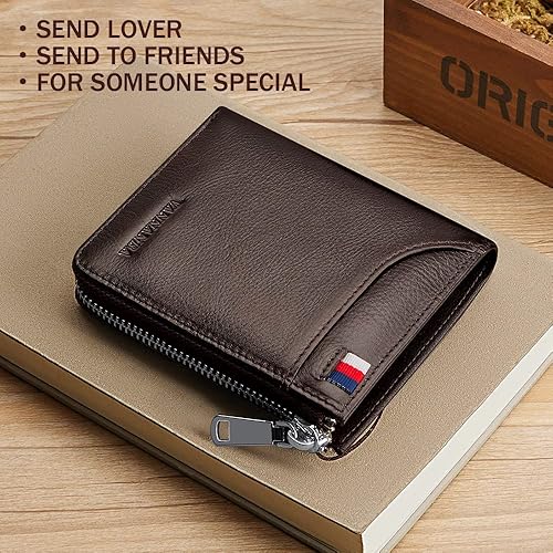 Miniatura 3 de VANNANBA Billetera de piel auténtica con cremallera para hombre, con bloqueo RFID, doble cremallera alrededor de billeteras con bolsillo para