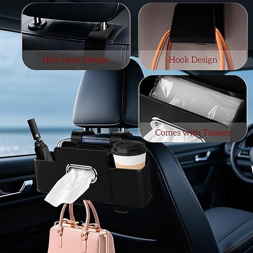 Miniatura 4 de Organizador de asiento trasero de automóvil con pañuelo, caja de pañuelos para el respaldo del asiento del automóvil y gancho de almacenamiento,
