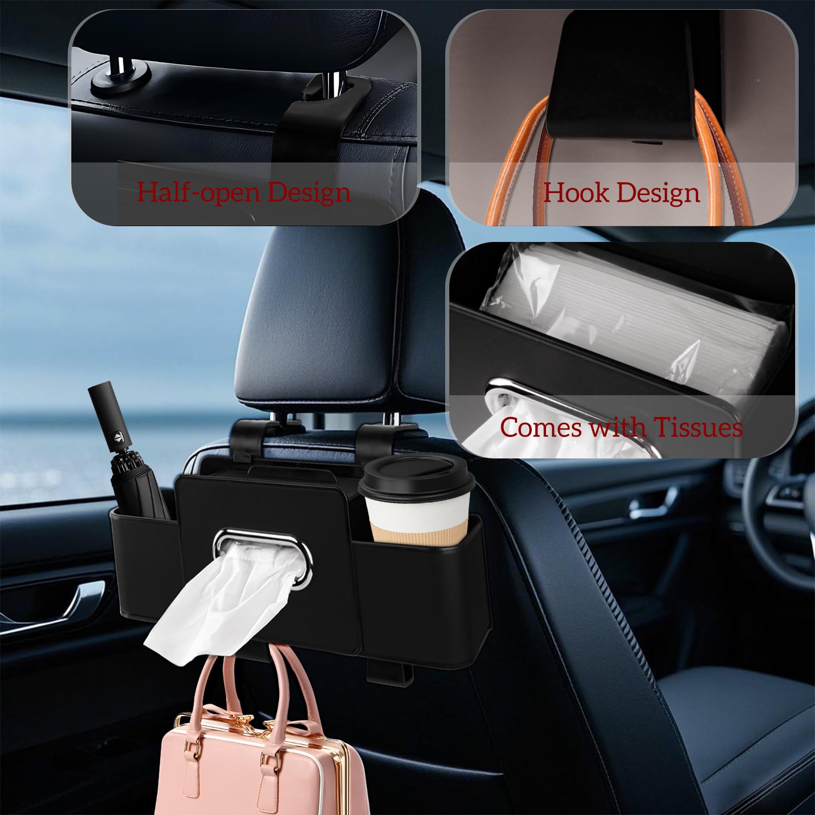 Organizador de asiento trasero de automóvil con pañuelos, caja de pañuelos para asiento trasero de automóvil y gancho de almacenamiento, organizador multifuncional para sostener teléfono,