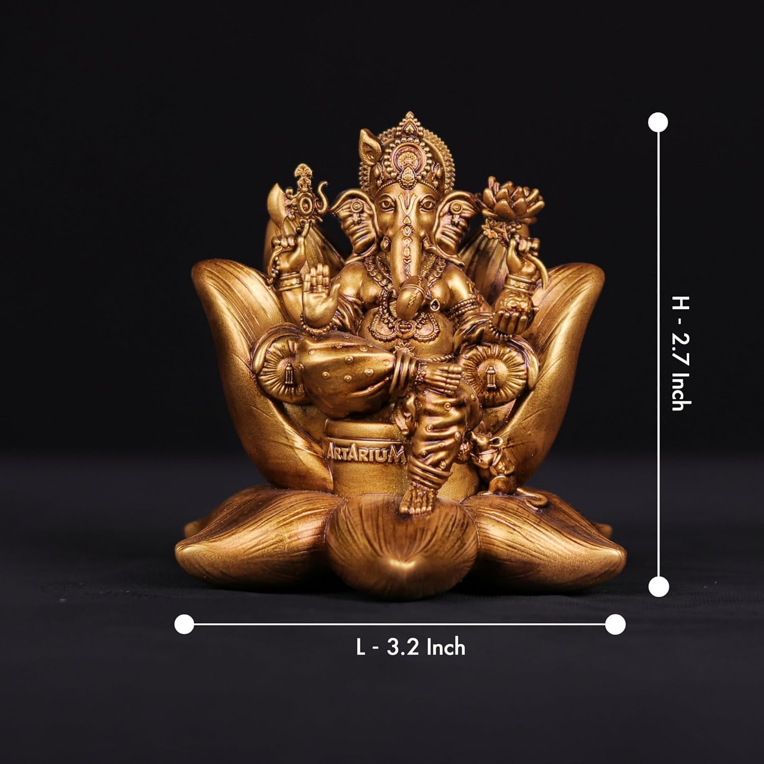 Artarium Figurka Ganesha do samochodu, na deskę rozdzielczą, ręcznie robiona, Padma Ganesha, dekoracja świątyni domowej, Ganpati Murti, pozłacana, rozmiar eksponatu – 2.7 cala