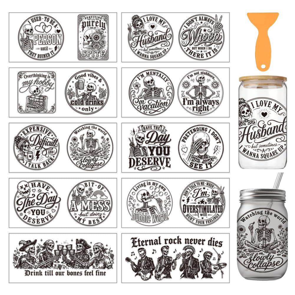arricraft 10 Pcs PVC Cup Transfer Stickers, Vintage Funny Skeleton Quote Pattern UV Waterproof Cup Sticker Rub on Decal for 16 oz Glasses Window Home Printing Decoration 24x11cm