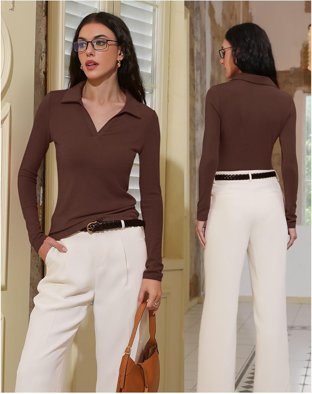 Womens Long Sleeve Shirts Slim Fitted Business Casual Work Tops Collared V Neck Polo Shirt 2025 Fall Outfits - Image 4