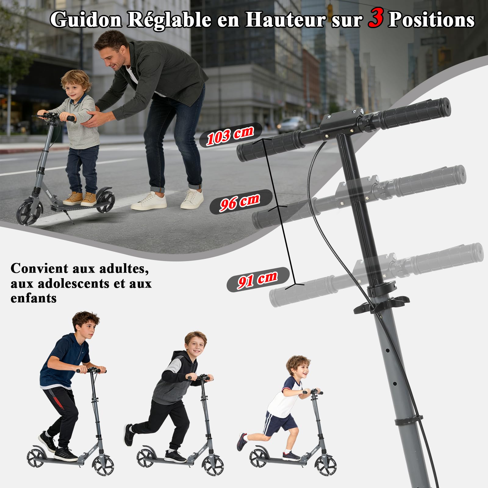 Trottinette Pliable Ado 9-14 Ans, Trottinette Adolescent avec Frein au Guidon, Trotinette Grande Roue 200MM, Trotinettes Guidon Hauteur Ajustable 3 Niveaux, Enfant/Ado 125-175CM, Charge 100KG