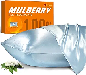 100% Mulberry Silk Pillowcase for Hair and Skin, 22 Momme Pure Natural Silk Pillow Case Both Sided with Zipper, Pillow Cover for Women Mom Men (Light Blue, Queen 20''×30'')