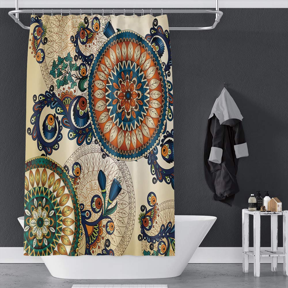 OERJU Ethnic Shower Curtain for Bathroom Floral Boho Pattern with Floral and Peacock Feather Folk Image Window Curtain Machine Washable Bathroom