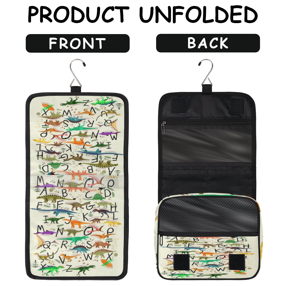 Dinozaury Podróżna kosmetyczka Alfabety Dinozaury Mycie Torba Unisex Wiszące przybory toaletowe Kosmetyczka Organizer do makijażu, wielobarwny, Jeden rozmiar