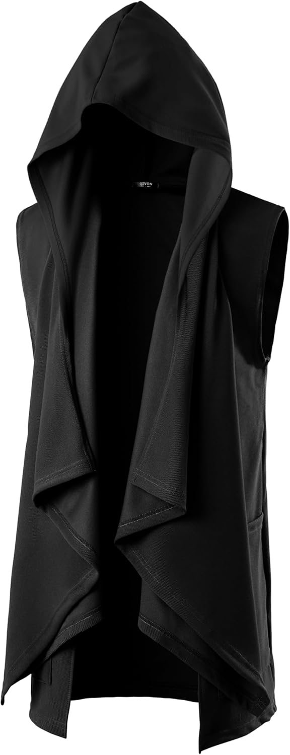 GIVON Mens Sleeveless Ruffle Shawl Collar Cardigan Lightweight Long Hooded Vest Sweater