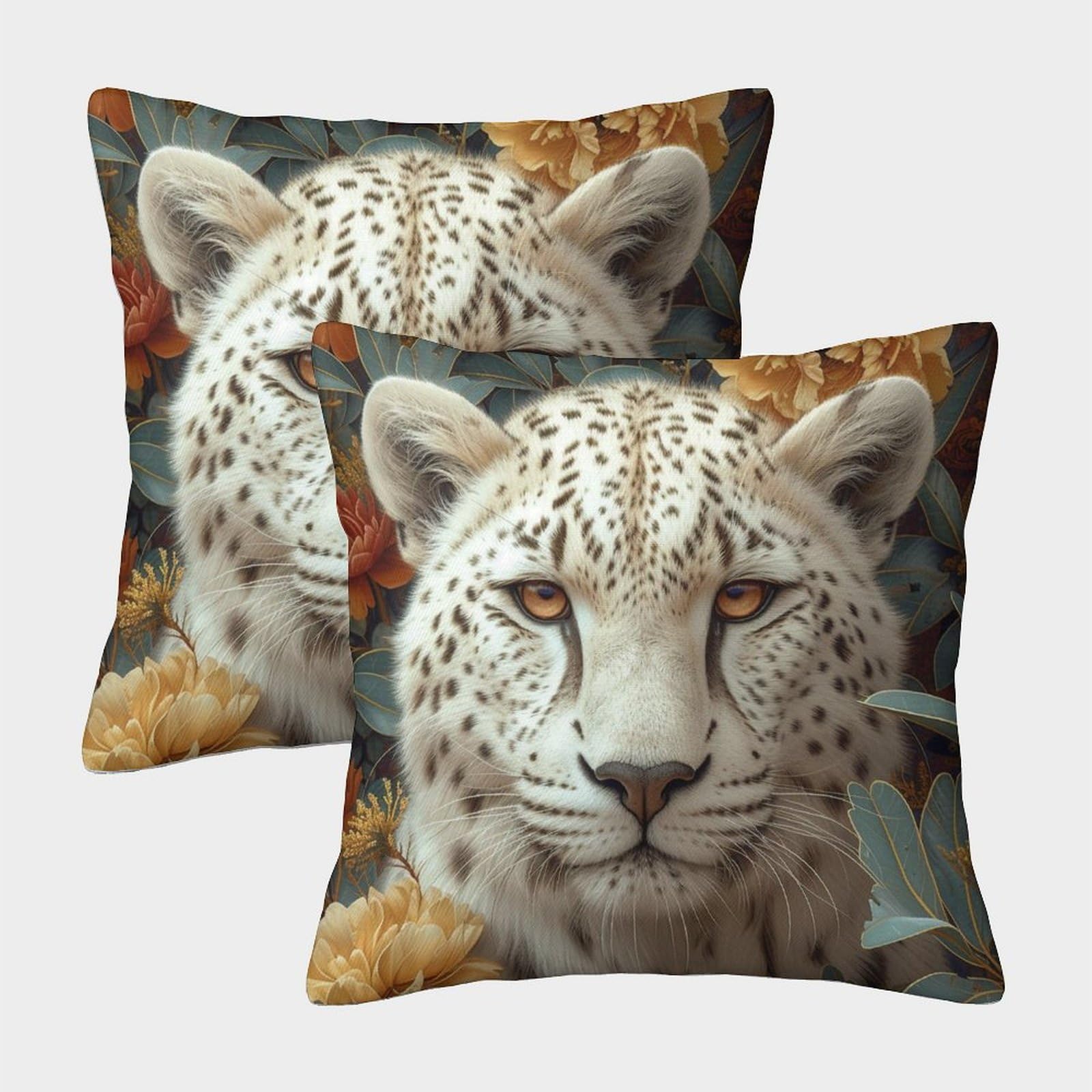 kaiyun 2 Pack White Leopard, Flowers Pillowcase 40x40cm, Cushion Cover,3D Digital Printing Bed Sofa Decorative