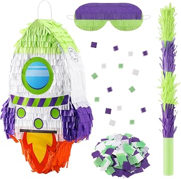 Libima Rocket Ship Pinata with Stick Blindfold Bat Confetti Spaceship Space Shuttle Pinata for Outer Rocket Space Astronaut Theme Birthday Party Supplies Decoration