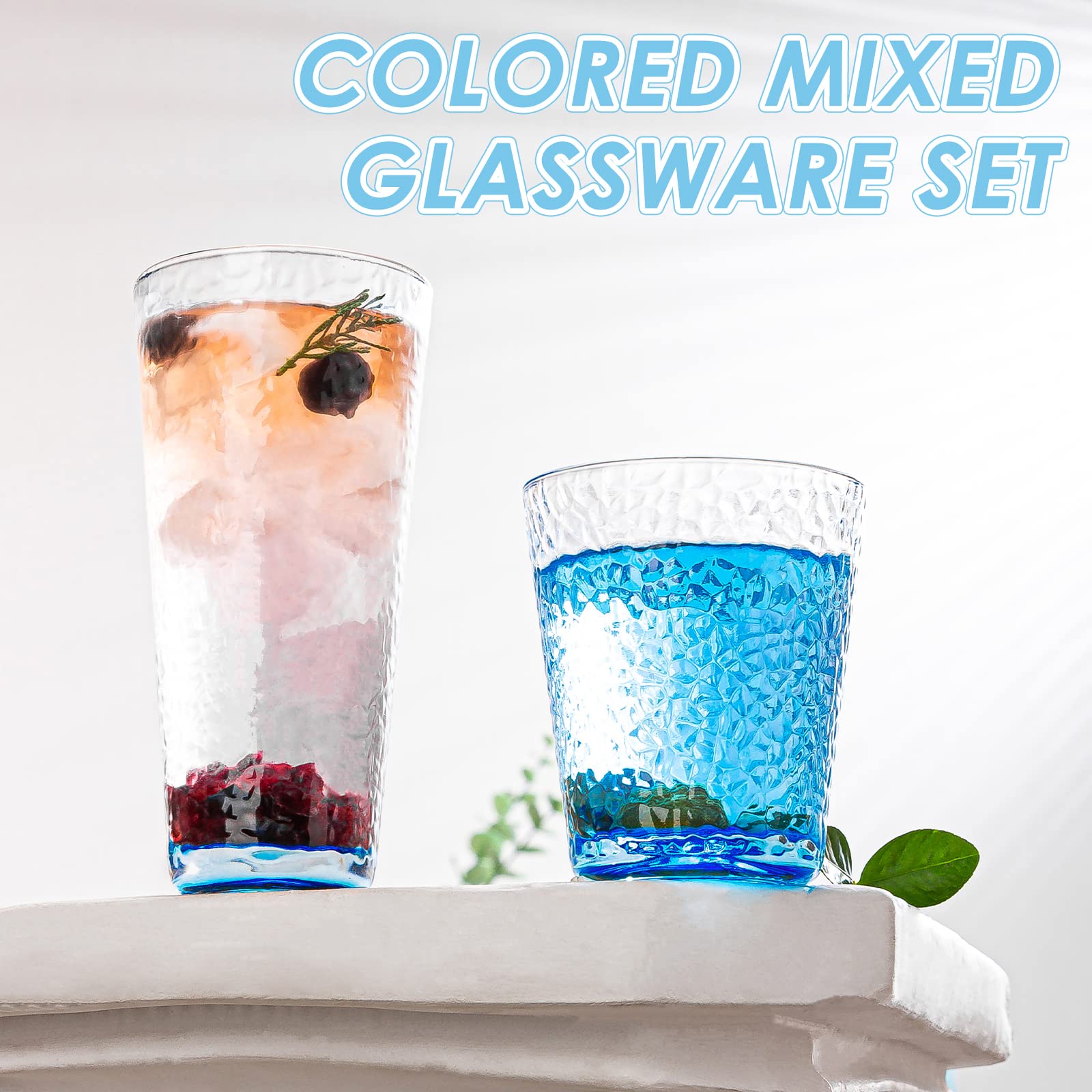 Crystal Drinking Glasses, Set Of 8 Durable Glass Cups-4 Highball Glasses 15oz & 4 Rocks Glasses