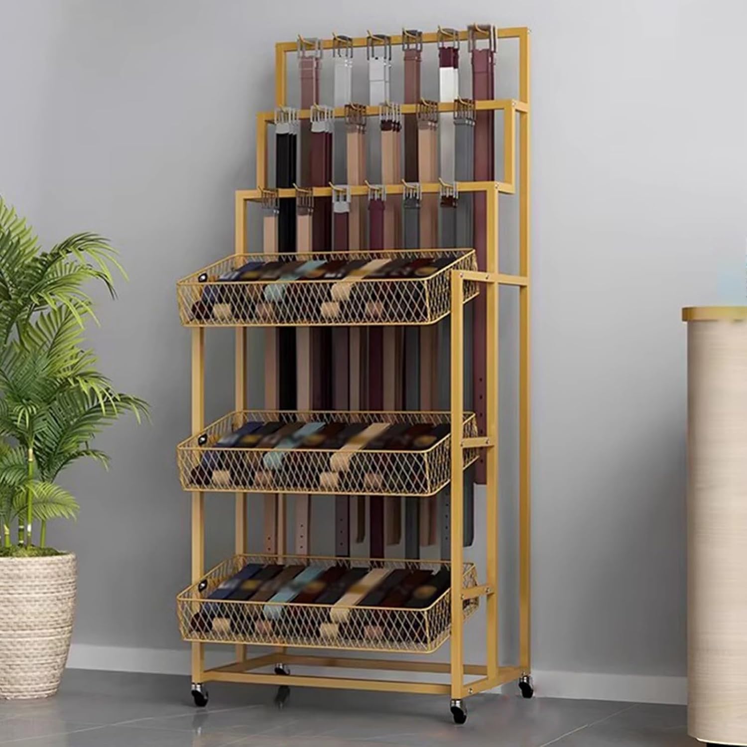 Floor Standing Belt Display Rack, Commercial Socks Hanger with Hooks & 3 Storage Mesh Basket, Bedroom/Store/Clothing Retail/Business/Save Space,Gold,Wide, 60cm/23.6in