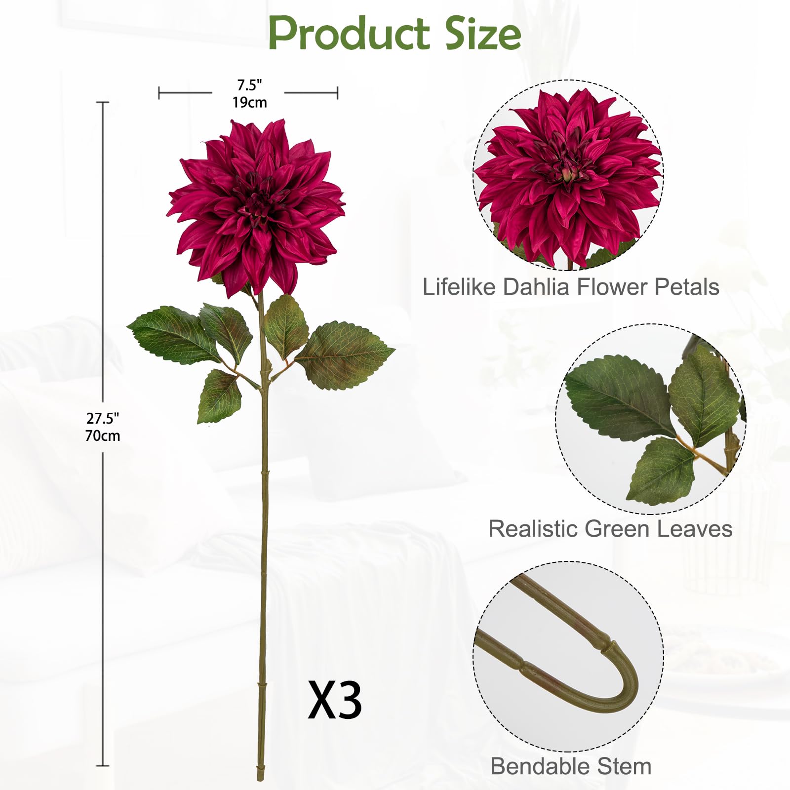 Hollyone 7.5'' Large Artificial Dahlia Flowers with Long Stems, 3pcs Red Fake Flowers Faux Dahlias - Image 2
