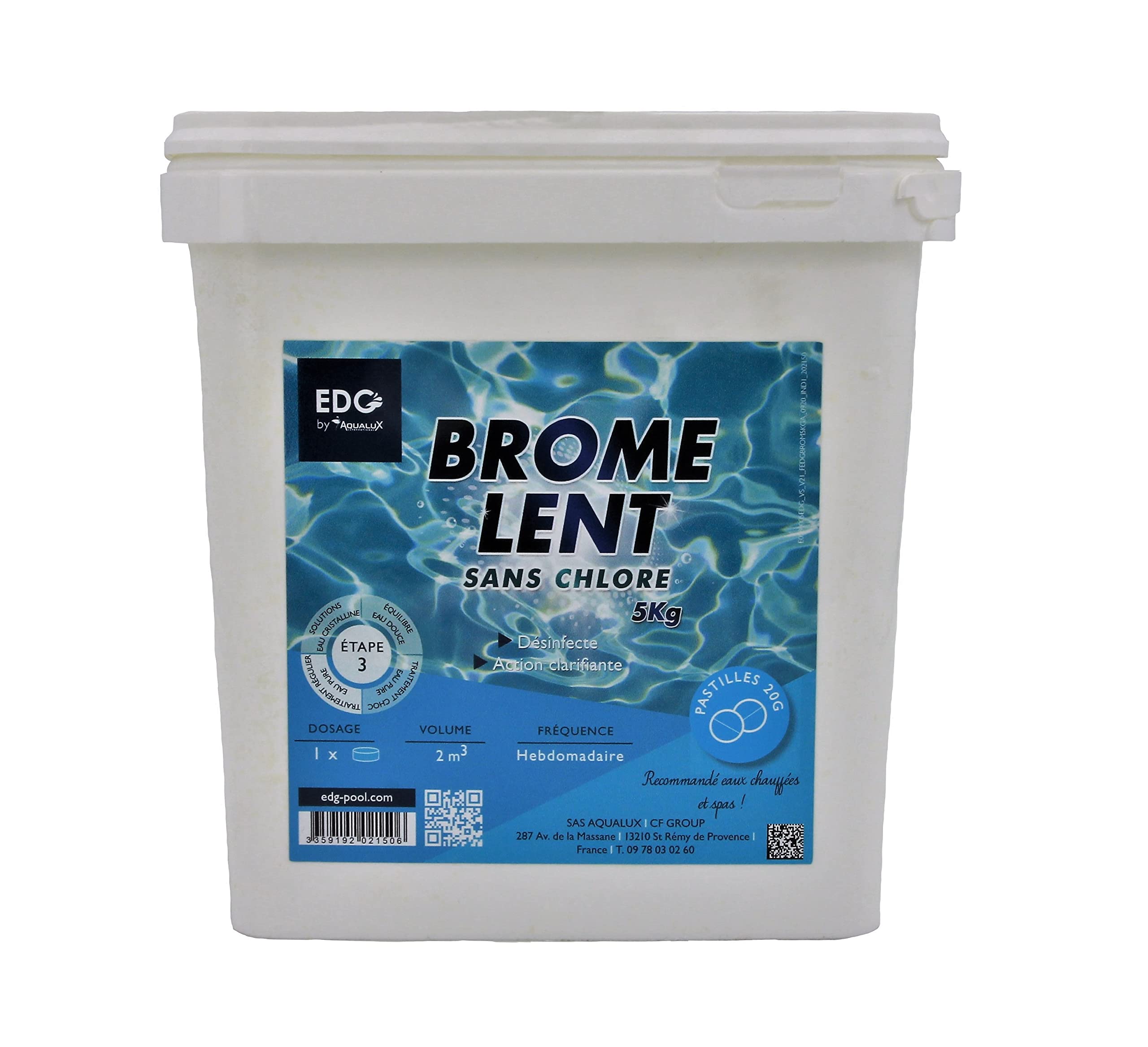 EDG by AQUALUX Brome Lent Pastilles 20g - 5kg | Brome Permanent - Désinfection Régulière - Dissolution Lente + 10 Tests HPS OFFERTS 6 en 1