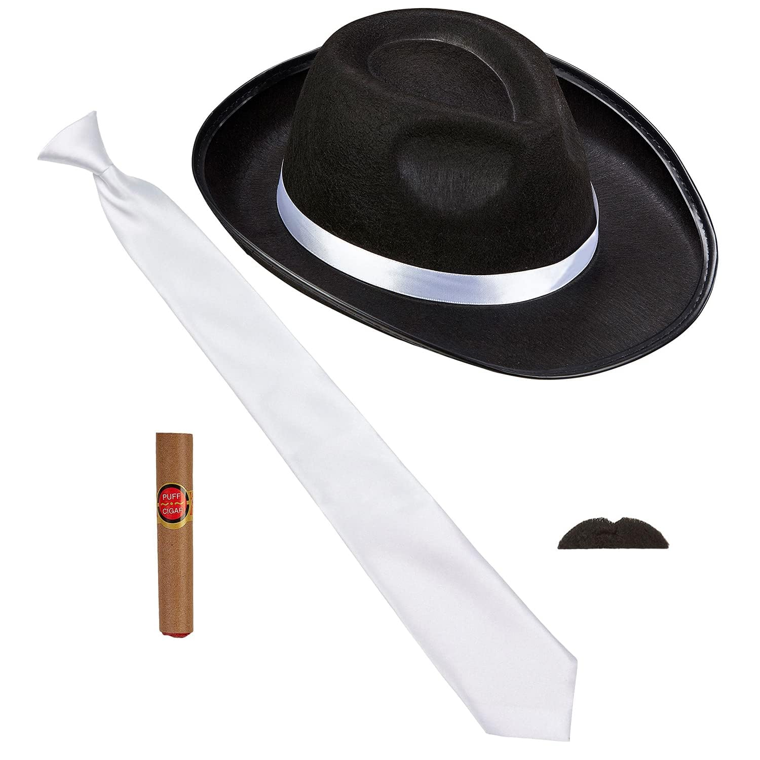 Widmann 68553 – Costume Set The Wild 20s, 4 Pieces, Hat, Tie, Moustache and Cigar, Charleston, Gangster, Mafia Boss, Accessories, Carnival, Fancy Dress, Theme Party