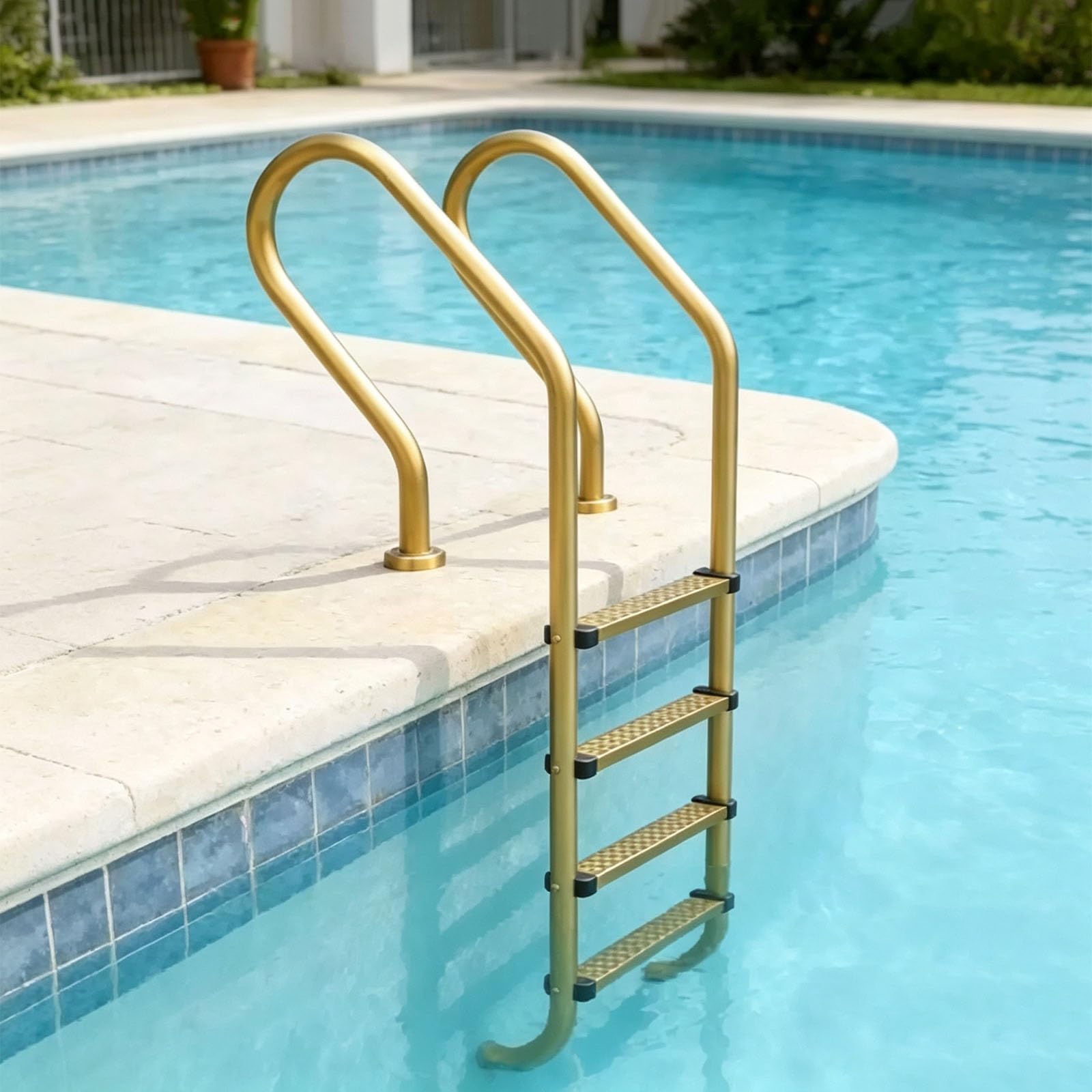 Escalera de 4 peldaños para Piscina con Superficie Antideslizante | Acero inoxidable 304, para piscinas interiores y exteriores; fácil de montar y de usar(Gold)