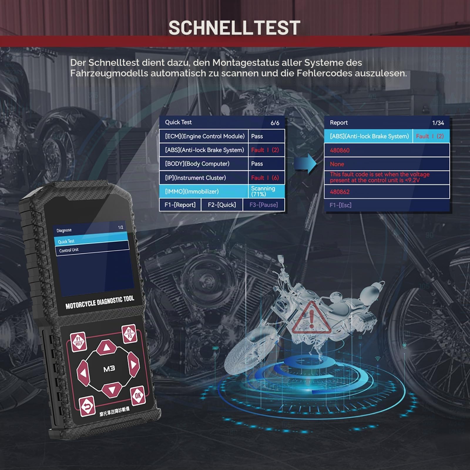 Motorrad System Diagnosetest Messgeräte OBDII Motorrad Fehlercodeleser Scanner Passend Kompatibel für Yamaha 2/3/4P, Kawasaki 4-6P, Honda 4P, OBDII