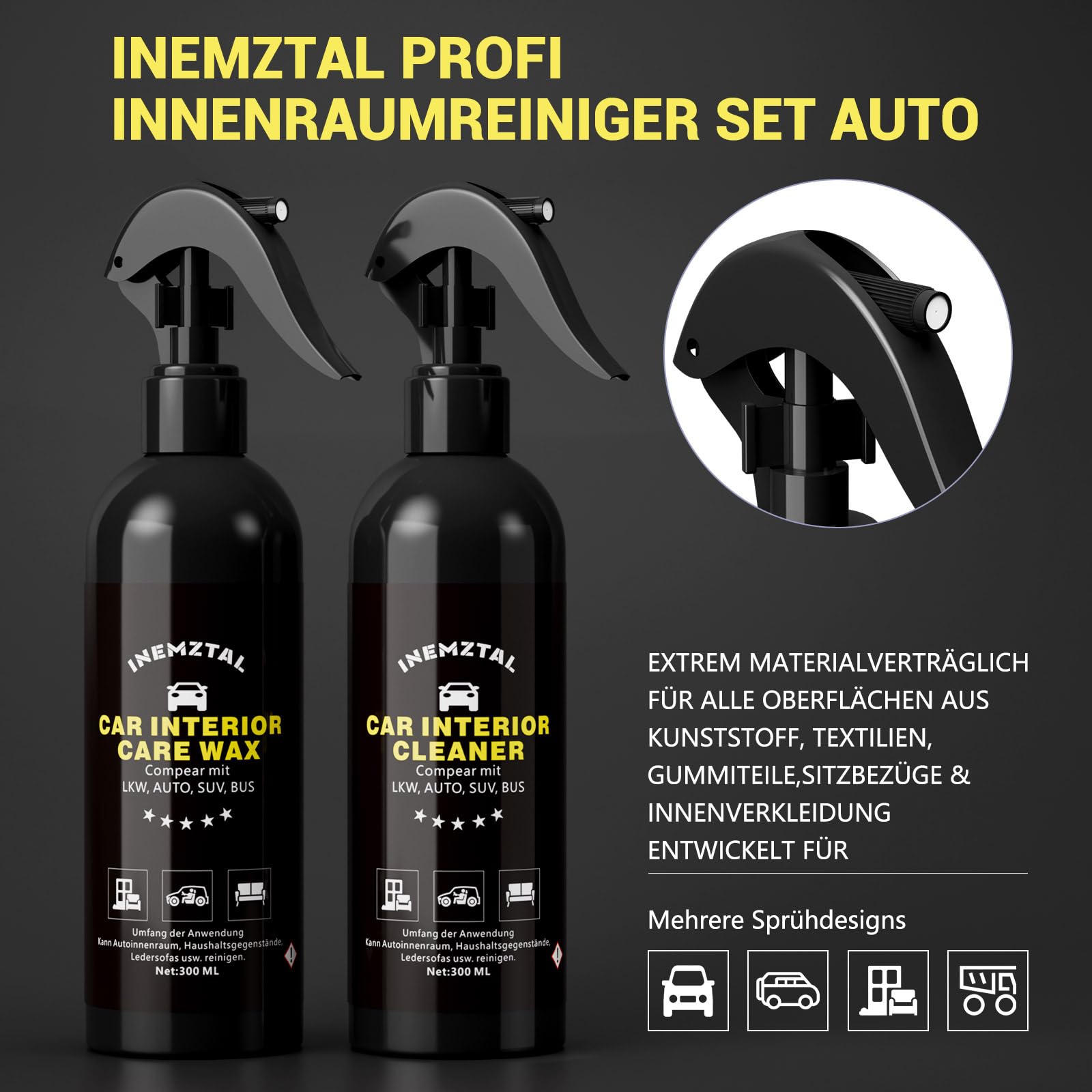 Set Professionale per la Pulizia dell'Interni dell'Auto, Pulizia Profonda di Tutti i Materiali dell'Autoveicolo, Include 300ml di Detergente per Interni, 300ml di Cura per Interni, Cera Professionale