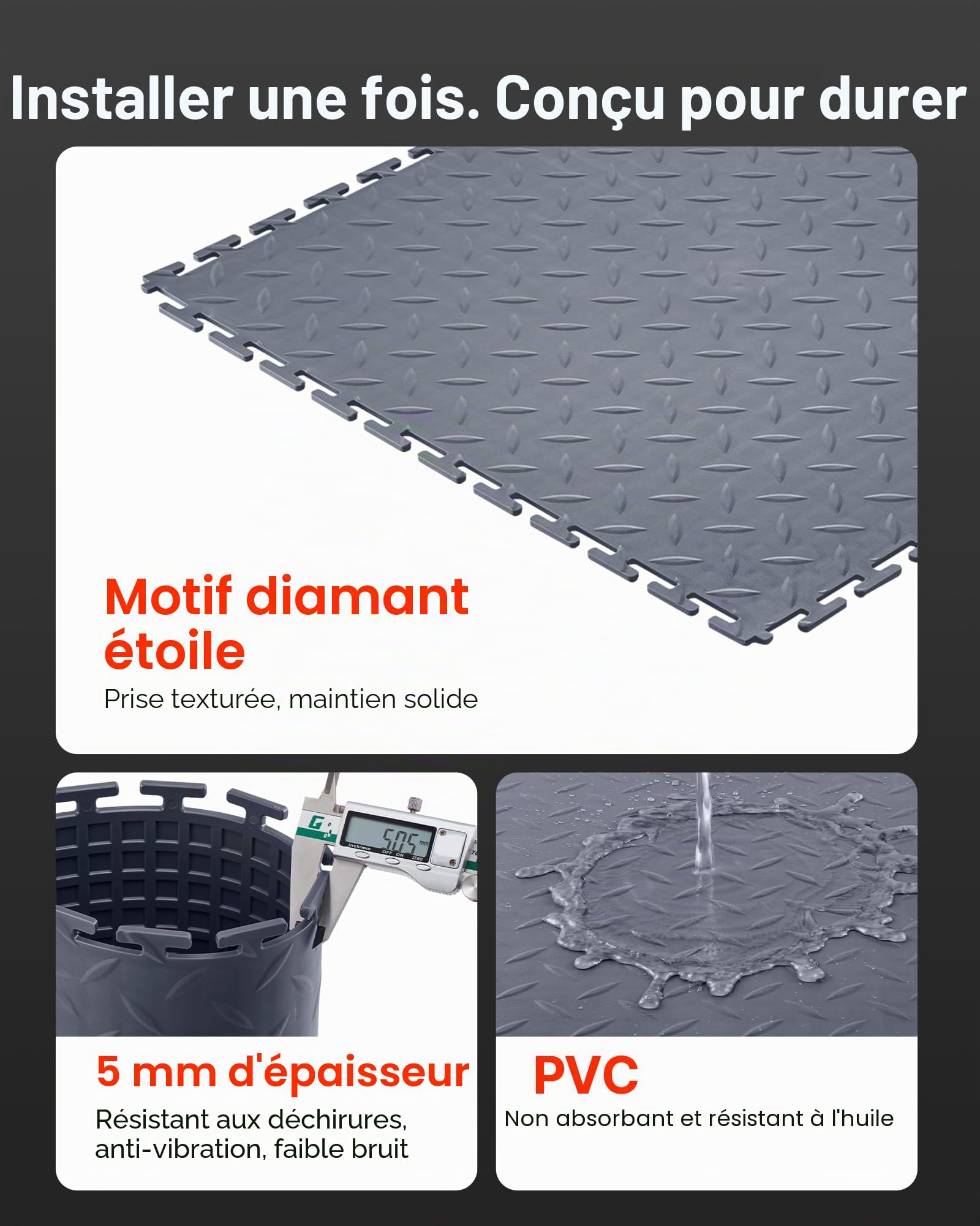 VEVOR Dalles de Garage Emboîtables, Lot de 8, Revêtement de Sol Garage Modulaire 513 x 513 x 5 mm, Tapis Antidérapants PVC pour Garages, Atelier de Réparation, Entrepôt, Local à Outils, Gris Graphite
