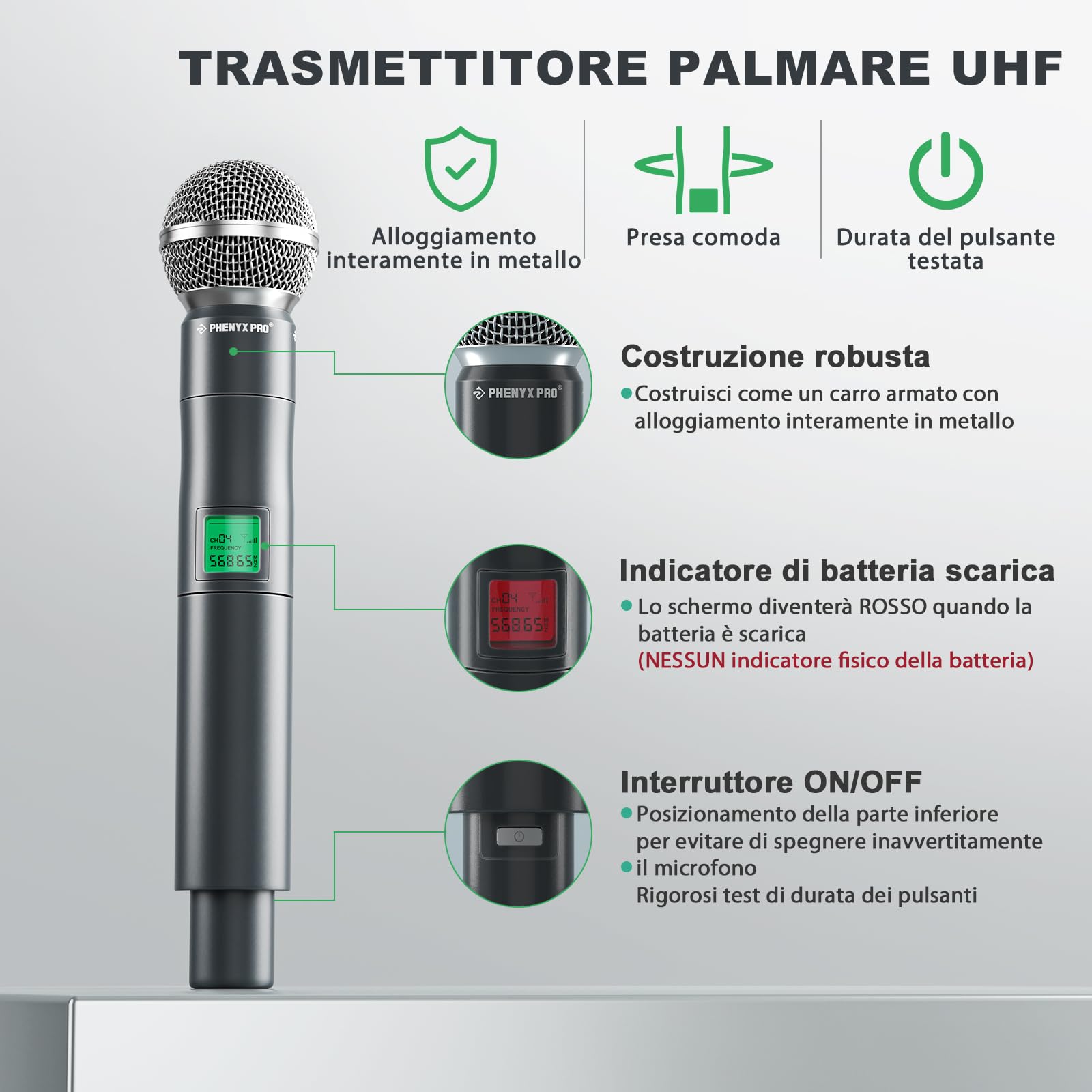 Phenyx Pro Sistema microfono wireless professionali UHF a 4 canali in metallo a frequenza fissa con 4 microfoni dinamici palmari, portata di 260 piedi per canto, chiesa (PTU-5000-4H)