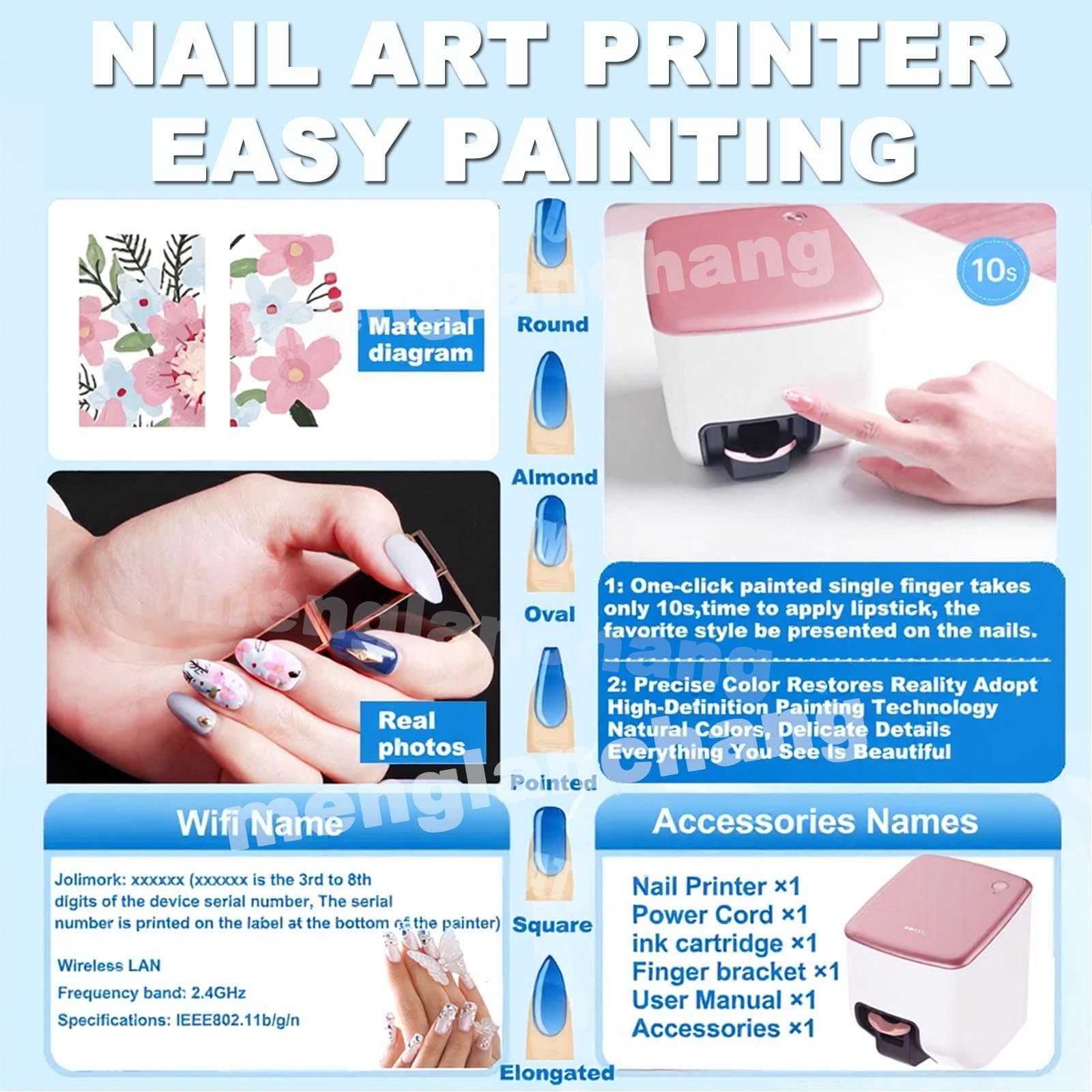 Leichter Nagelkunstdrucker, 3D-Smart-Nageldrucker, WiFi-Verbindungssteuerung, automatische Erkennung der Nagelform, schnelles Zeichnen in 10 Sekunden, hochauflösendes Malen mit 4800 DPI