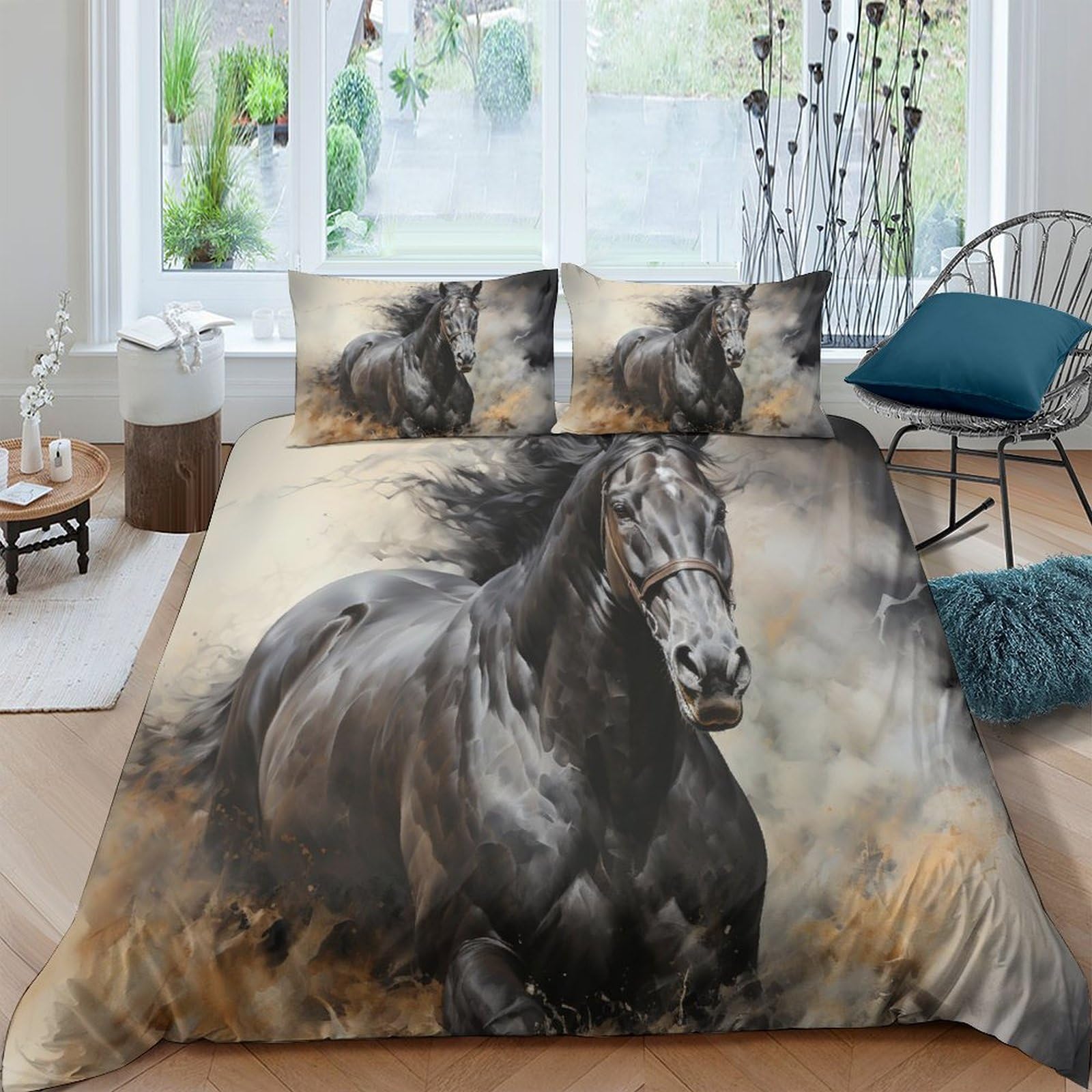 Ensemble de literie microfibre gris noir housse de couette cheval