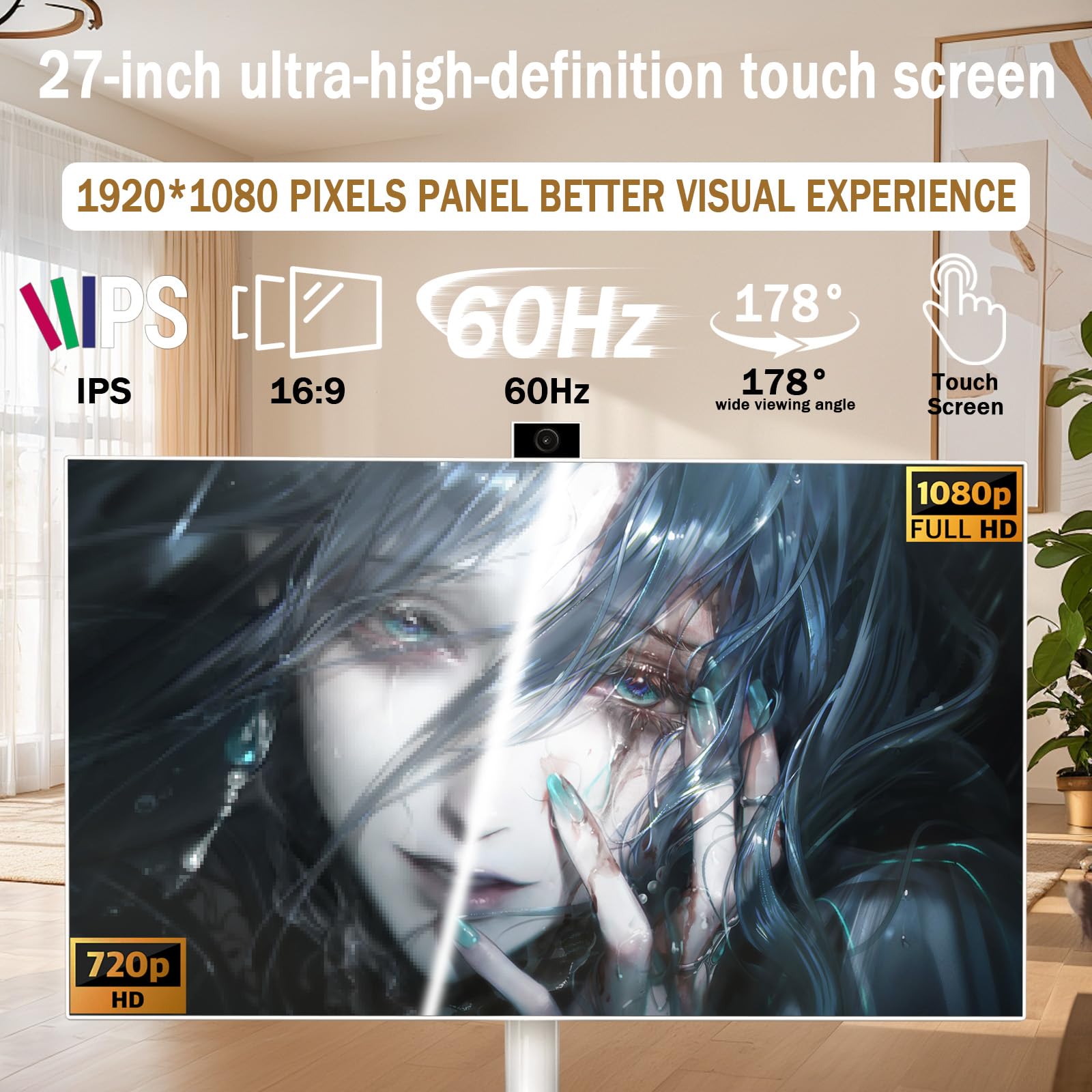 Televisor portátil inteligente FHD de 27 pulgadas, TV rodante sobre ruedas, sistema operativo Android 15, almacenamiento 6G + 128GB, monitor de pantalla táctil portátil, cámara de 13 MP, batería