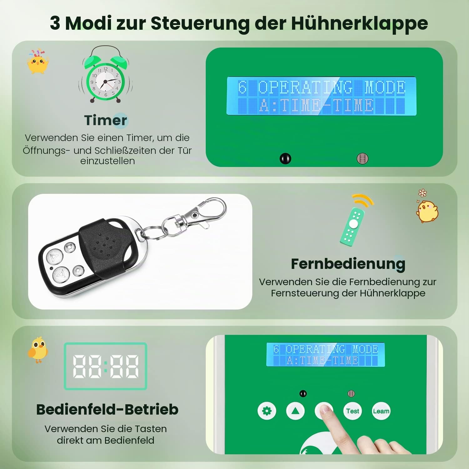 Automatischer Hühnerstalltüröffner mit Timer & 2 Fernbedienungen, Batterie- oder Solarbetriebenes IP65 Wasserdichtes Geflügeltür-Hebesystem
