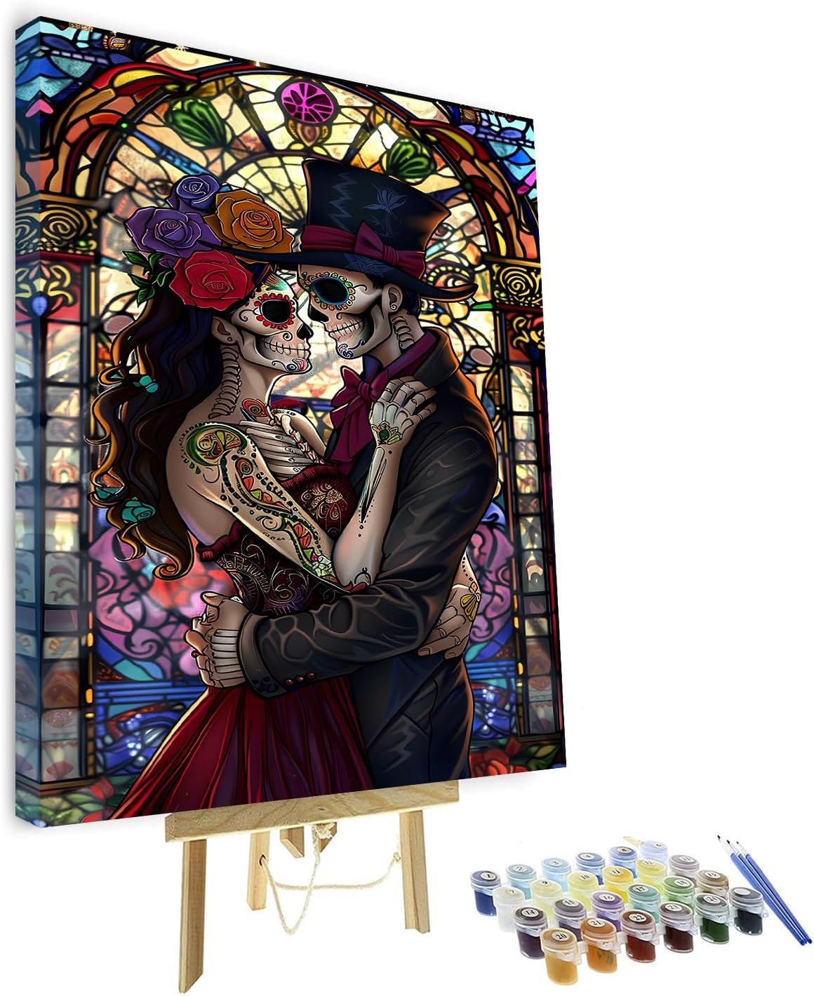 Stained Glass Window Dead Skeleton Couple Paint by Numbers - Roses Skull Love Paint by Number Kits on Canvas for Adults Beginner, Flowers Skeleton DIY Oil Painting Home Decor Gift 16x20 With Frame