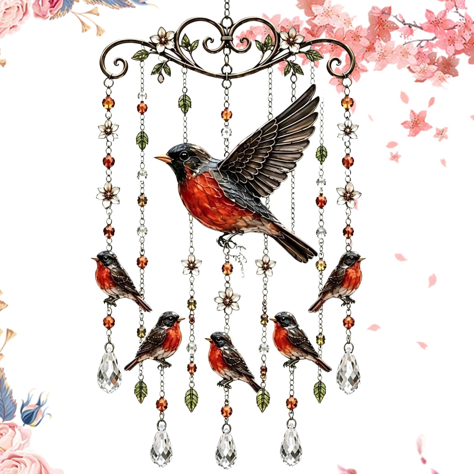 Graceful Hummingbird Wind Chime, Stained Glass & Crystal Sun Catcher Windchime, Colorful Bird Yard Decorations Outdoor, Memorial Gardening Gift for Women Mom Grandma (Robin)