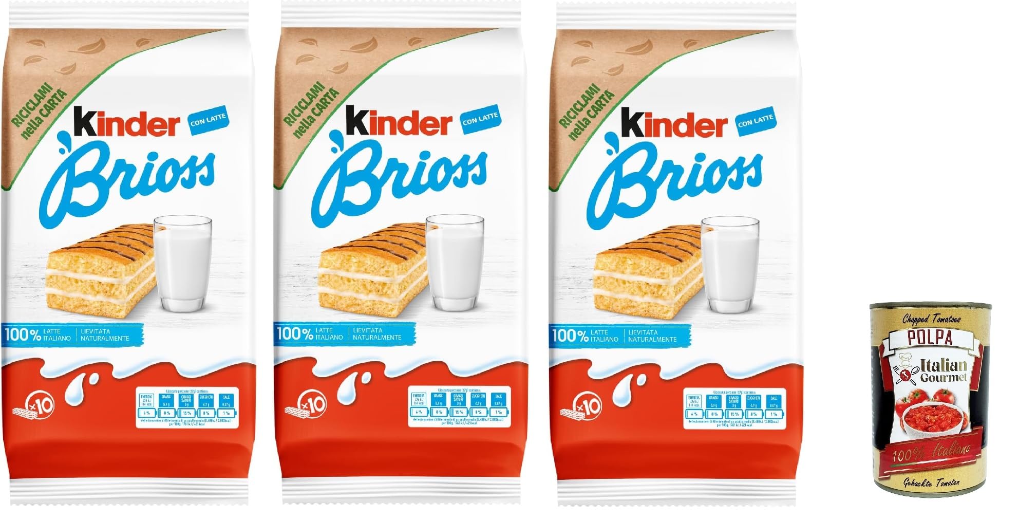 Kinder Brioss - 10 Snacks Schwammkuchen, natürlich zu 100% italienischer Milchfüllung, ausgezeichnet zum Frühstück und Snack, 3x 270 + Italian Gourmet polpa 400g