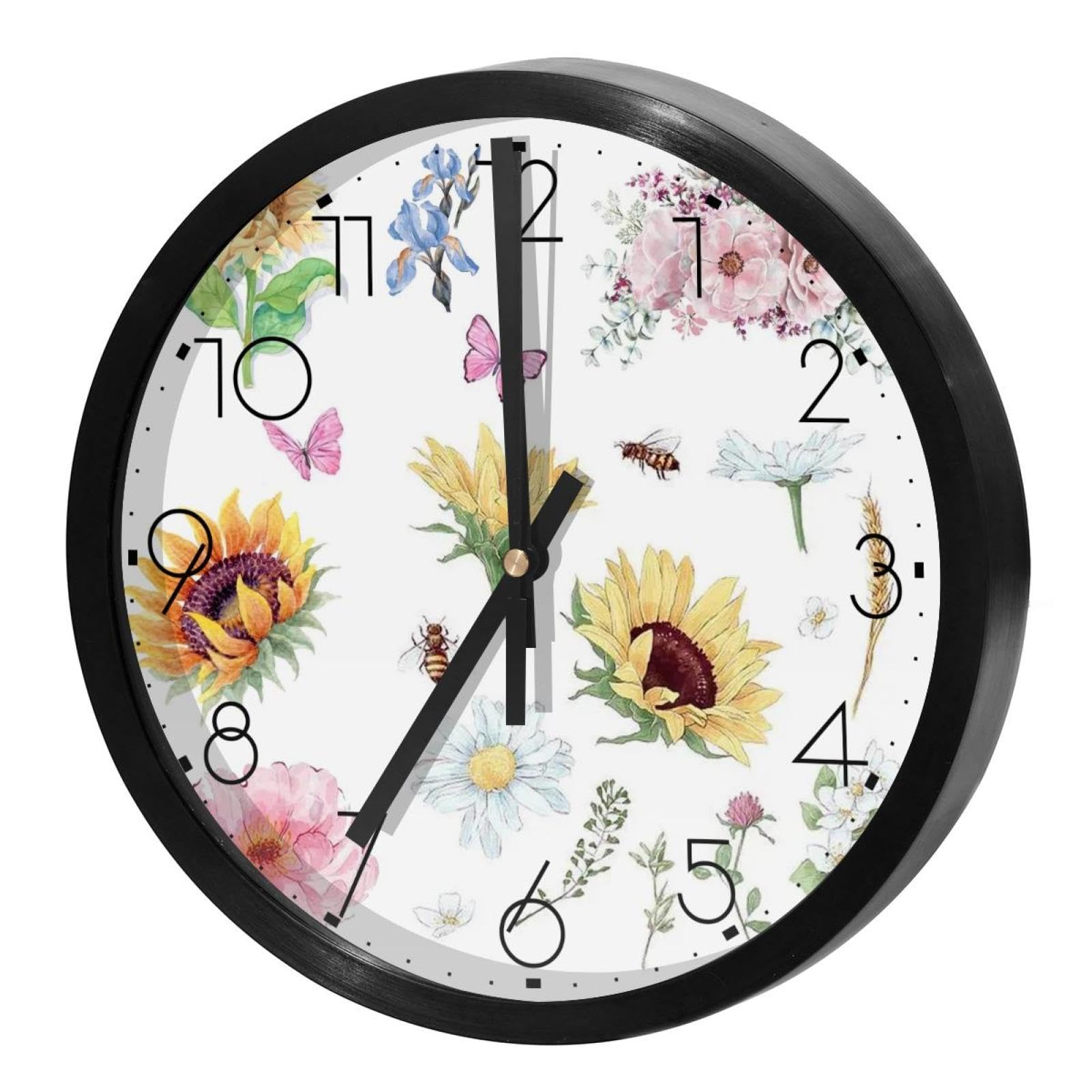 Horloge murale silencieuse pour bureau et école au motif de tournesol
