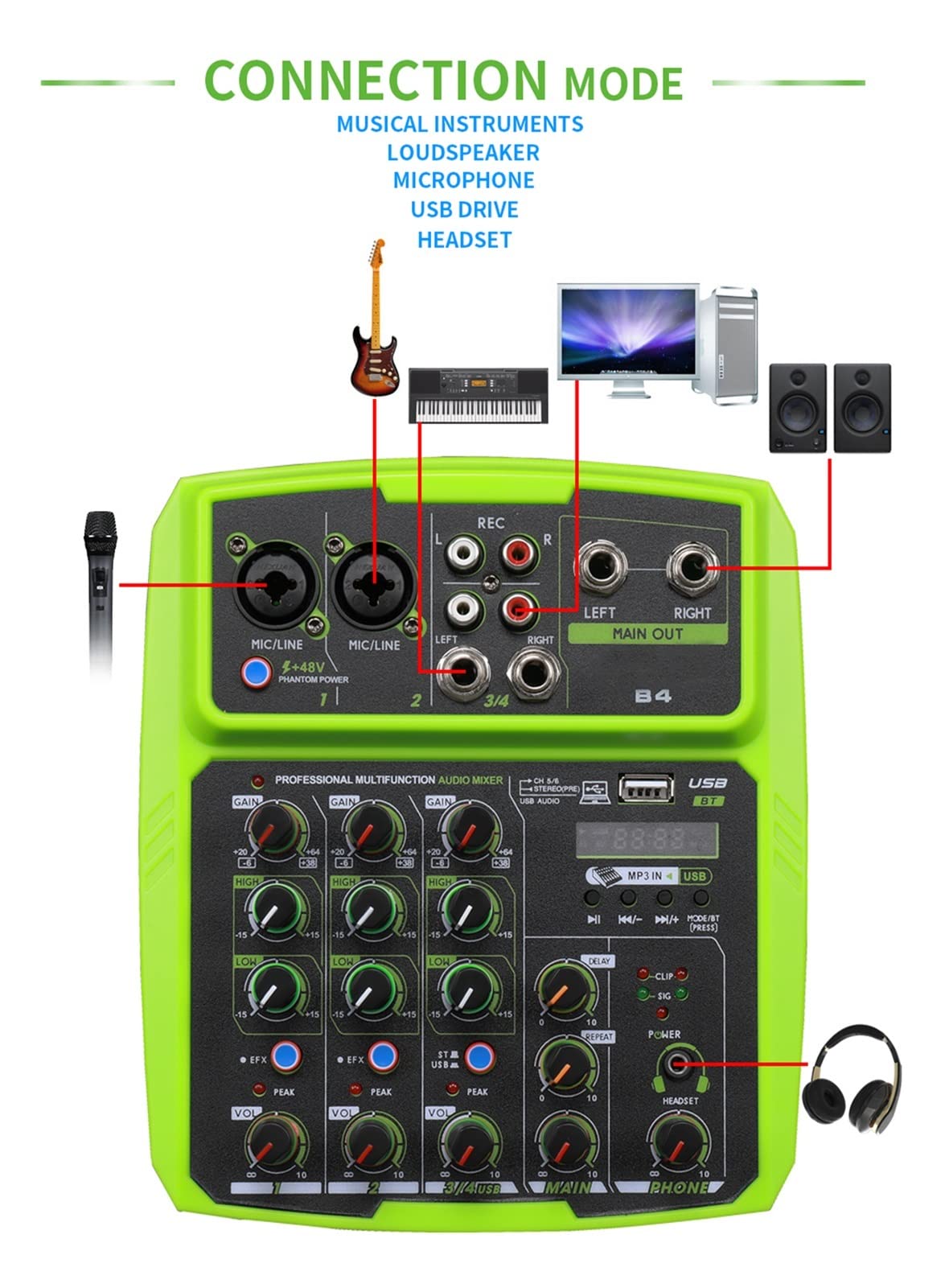 DJ-Equipment für die Party B4/B6 4/6 Channel Mixer Outdoor Conference Audio USB Bluetooth Reverberation Audio Instrument Processor Live Sound Card (Color : Deep Blue)