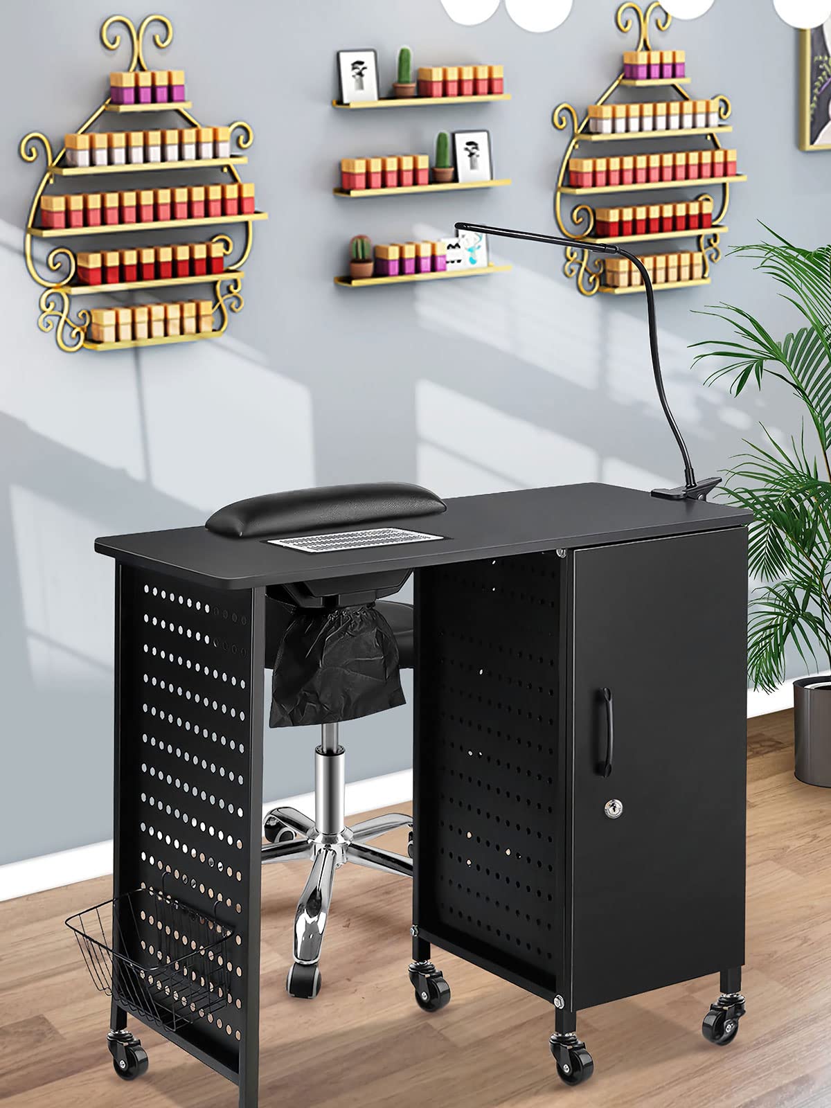 Kalolary Maniküre Nageltisch, Mobile Nagelstation mit Nagelstaubsammler | 4 Schubladen, LED-Lampen, Handballenauflage für Heimtechniker, Spa, Schönheitssalon, Arbeitsplatz, schwarz