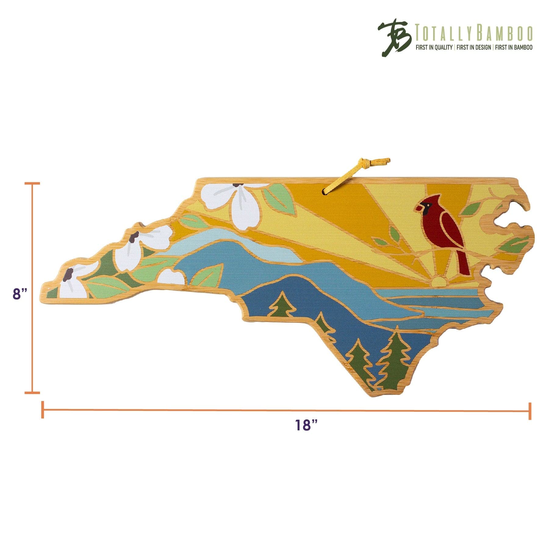 Totally Bamboo North Carolina State Shaped Cutting Board and Charcuterie Serving Platter with Artwork by Summer Stokes, Includes Hang Tie for Wall Display 18" x 8" x 5/8"