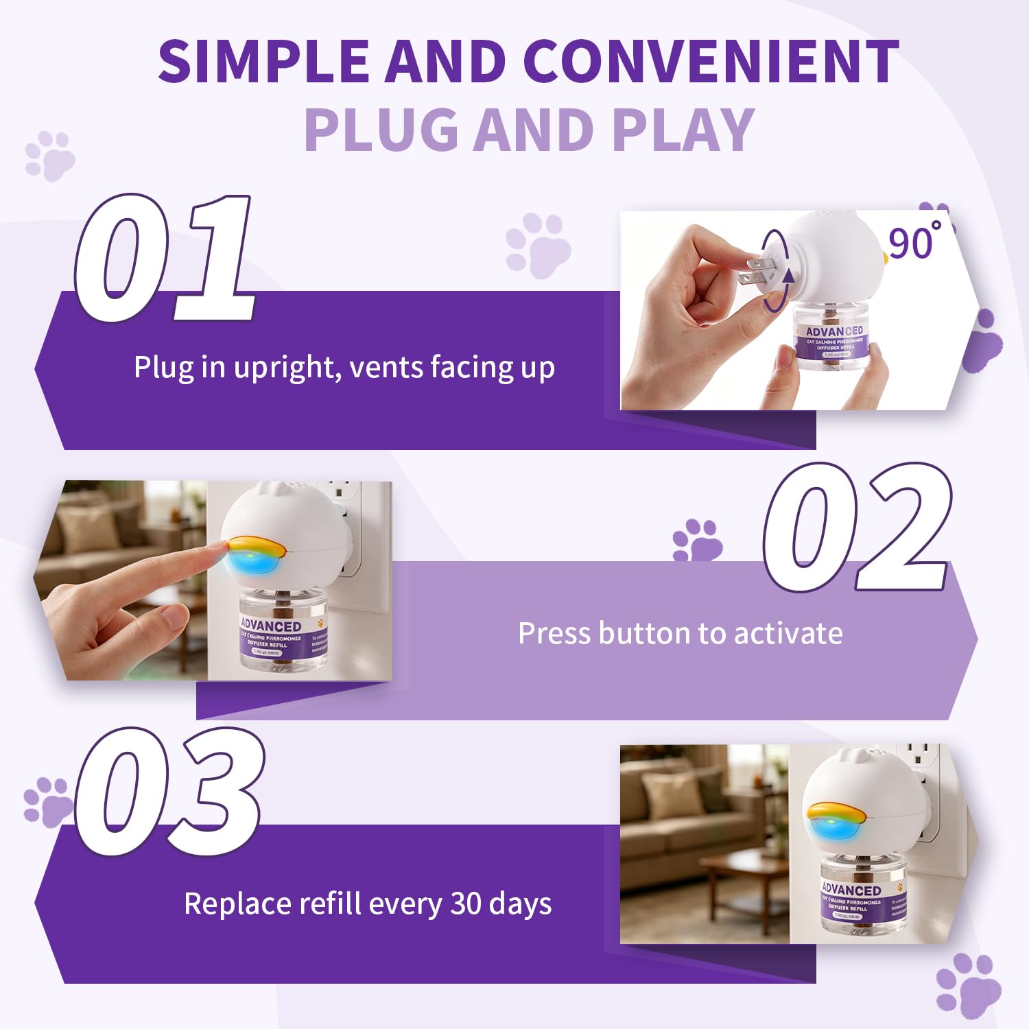 Kit diffuseur apaisant pour chat avec 2 diffuseurs et 4 recharges (48 ml chacun), diffuseur apaisant aux phéromones de chat pour soulager l'anxiété, réduire le stress et soutenir le comportement