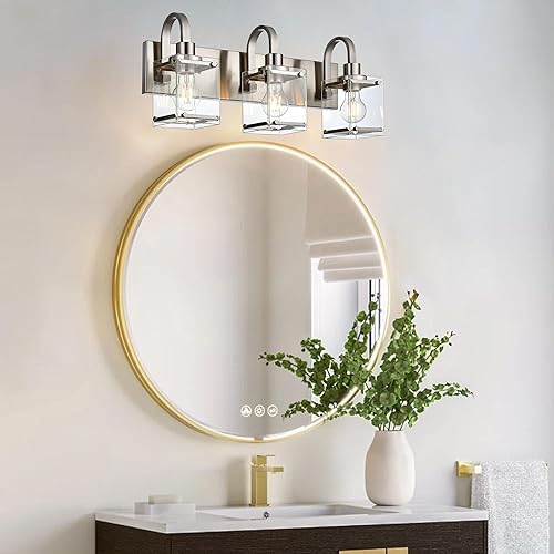 Miniatura 2 de Lámparas de tocador de baño de 3 luces, modernas luces de tocador con pantalla de vidrio transparente, lámpara de pared de níquel cepillado para