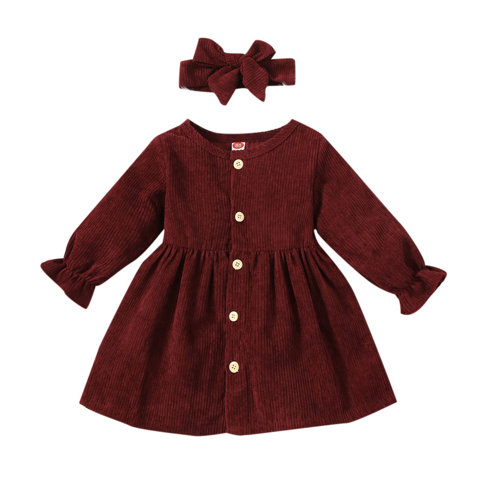 Infant Baby Grirl Dress Ruffle Sweater Dress Outfits Button Down Dress with Headband 2Pcs Winter Fall Clothes (Wine red A, 18-24 Months)