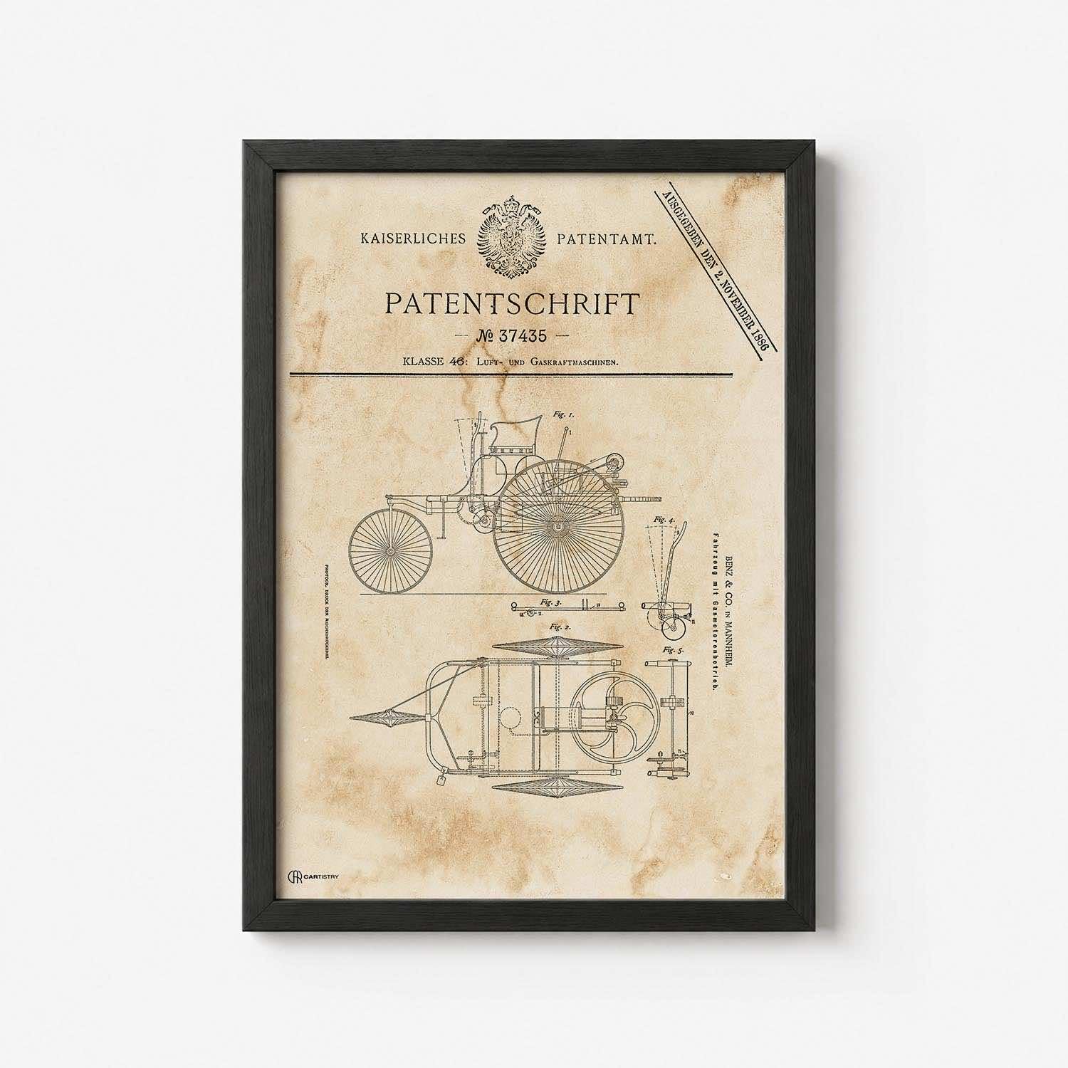 Cartistry Patent Poster Carl Benz (70x50cm, Holzrahmen Schwarz) | Patent Zeichnung, Poster Vintage, Geschenk für Männer und Autoliebhaber