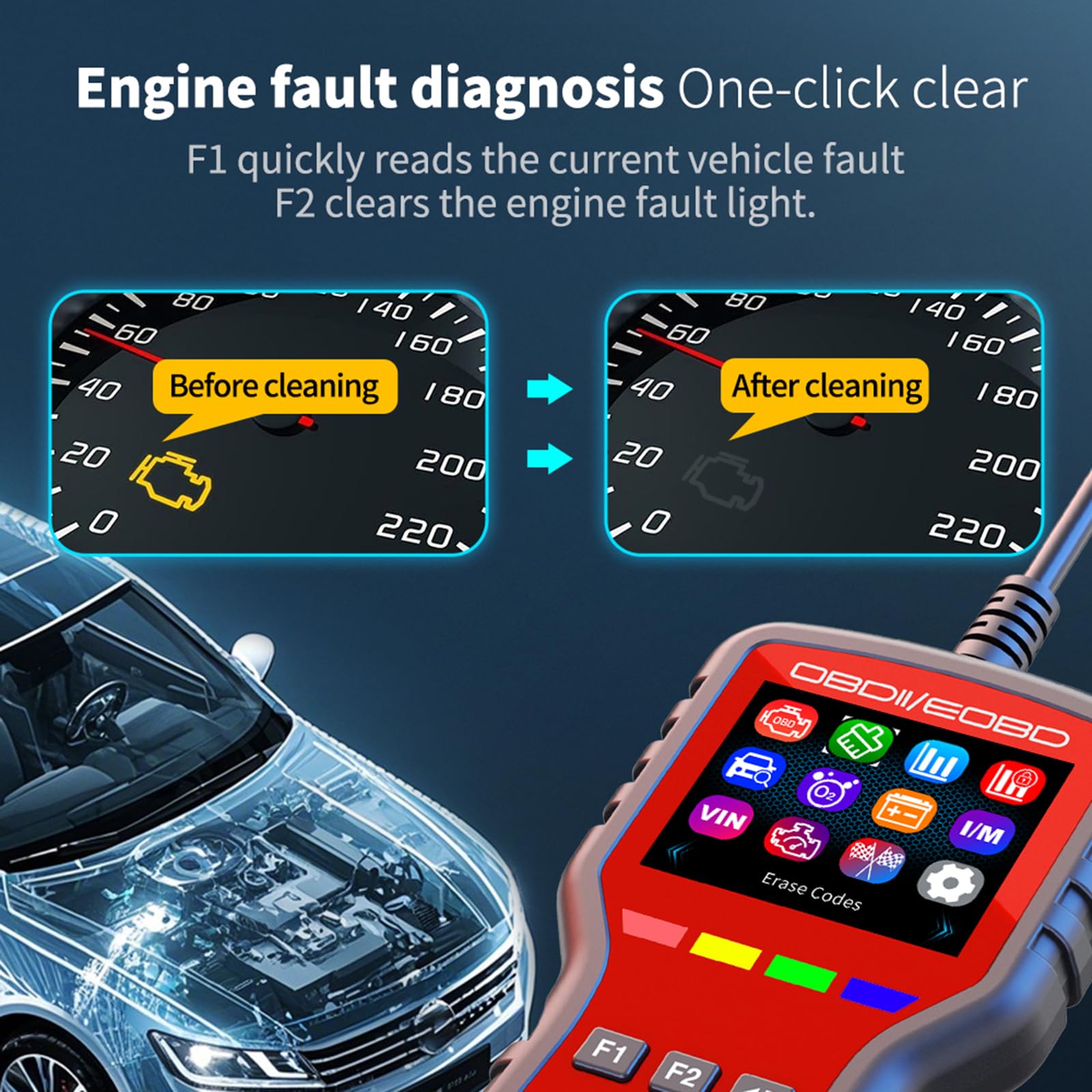 Escáner K2 OBD2 OBD2 Herramienta de diagnóstico con probador de batería, lector de código de fallo del motor con marco congelado, prueba de sensor de oxígeno, estado de preparación I/M, adecuado para