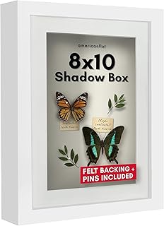 Americanflat 8x10 Shadow Box Frame with Shatter-Resistant Glass - Use as 6x8 Frame with Mat or 8x10 Without Mat - Silhouette Collection - White with Soft Felt Back