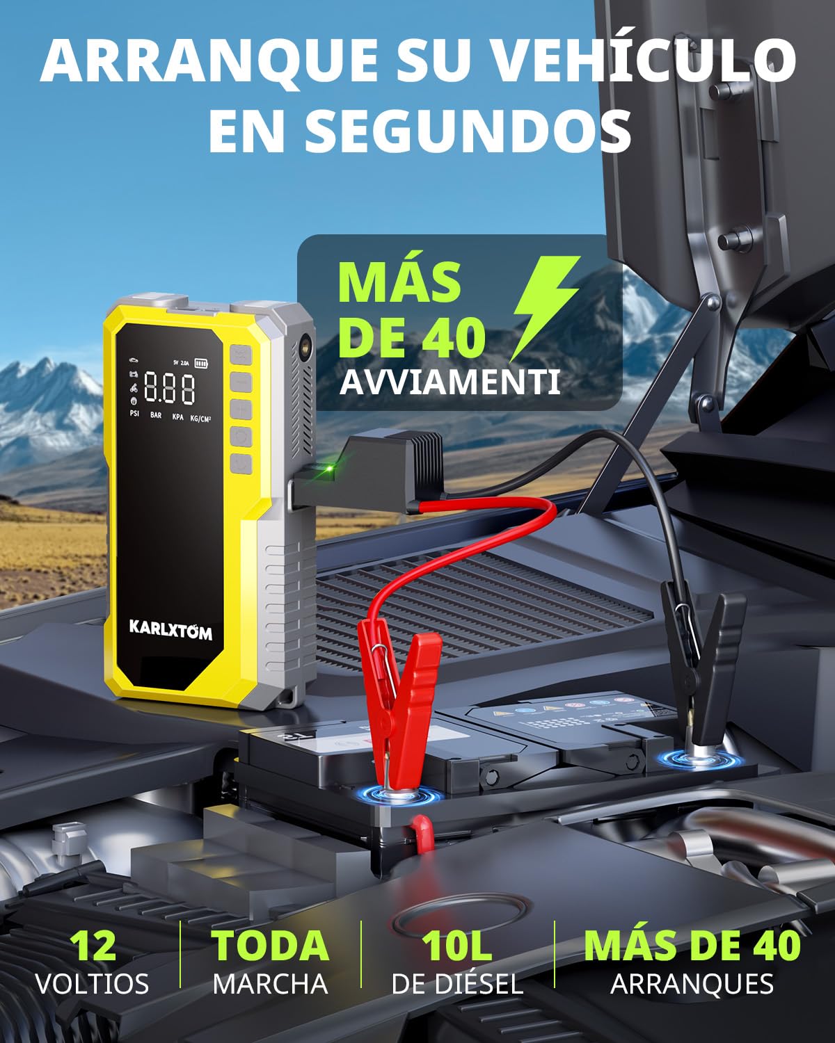Karlxtom Arrancador de Baterias de Coche 4500A, Compresor de Aire de 190 PSI (Toda Gasolina o 10L Diésel)，12V Arrancador de Coches, Linterna LED de 500 Lúmenes, Pantalla LCD