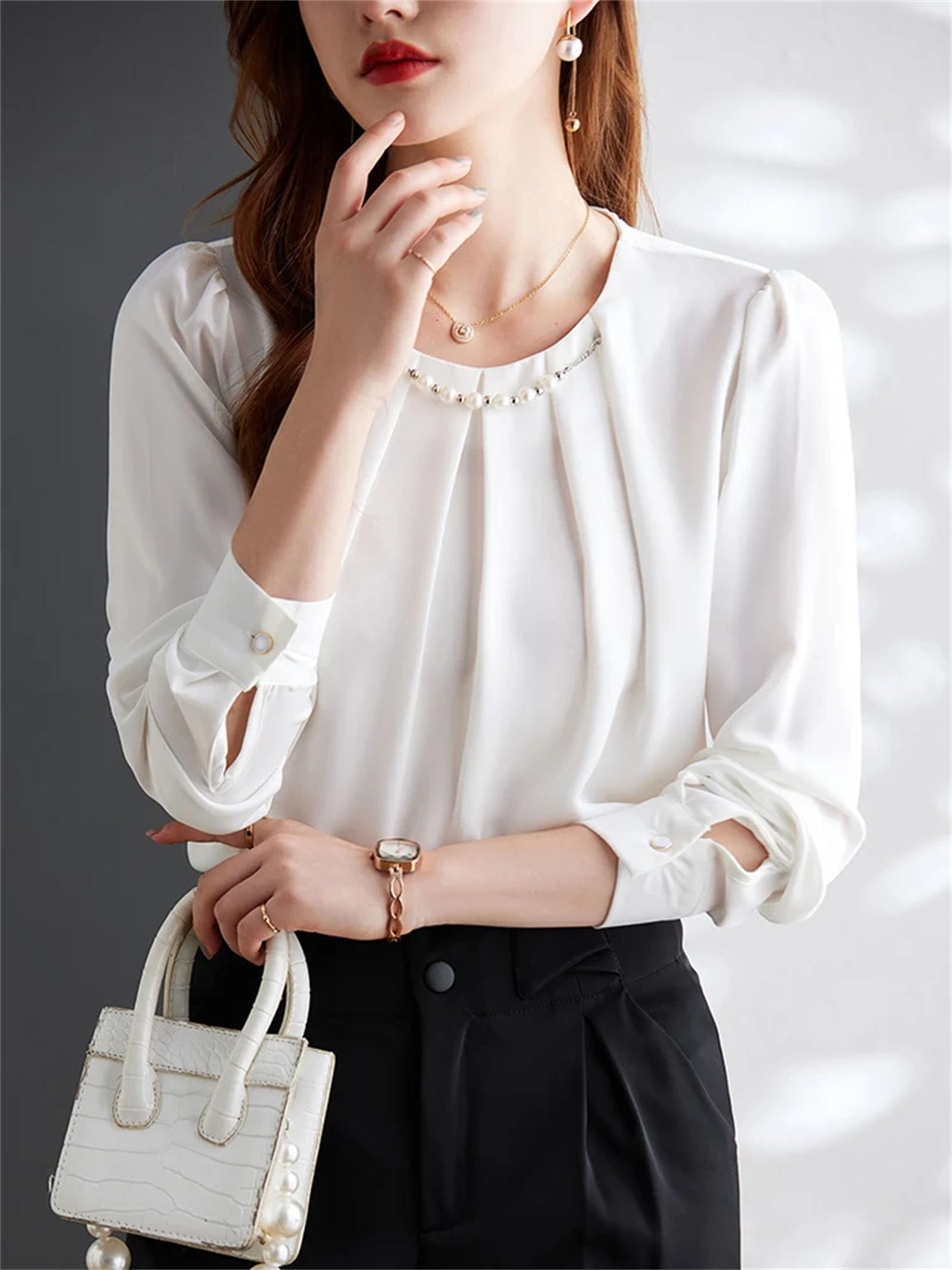 Blusas de cuello redondo para mujer, elegantes, informales, plisadas, con cadena de perlas, manga larga abombada, camisas de oficina